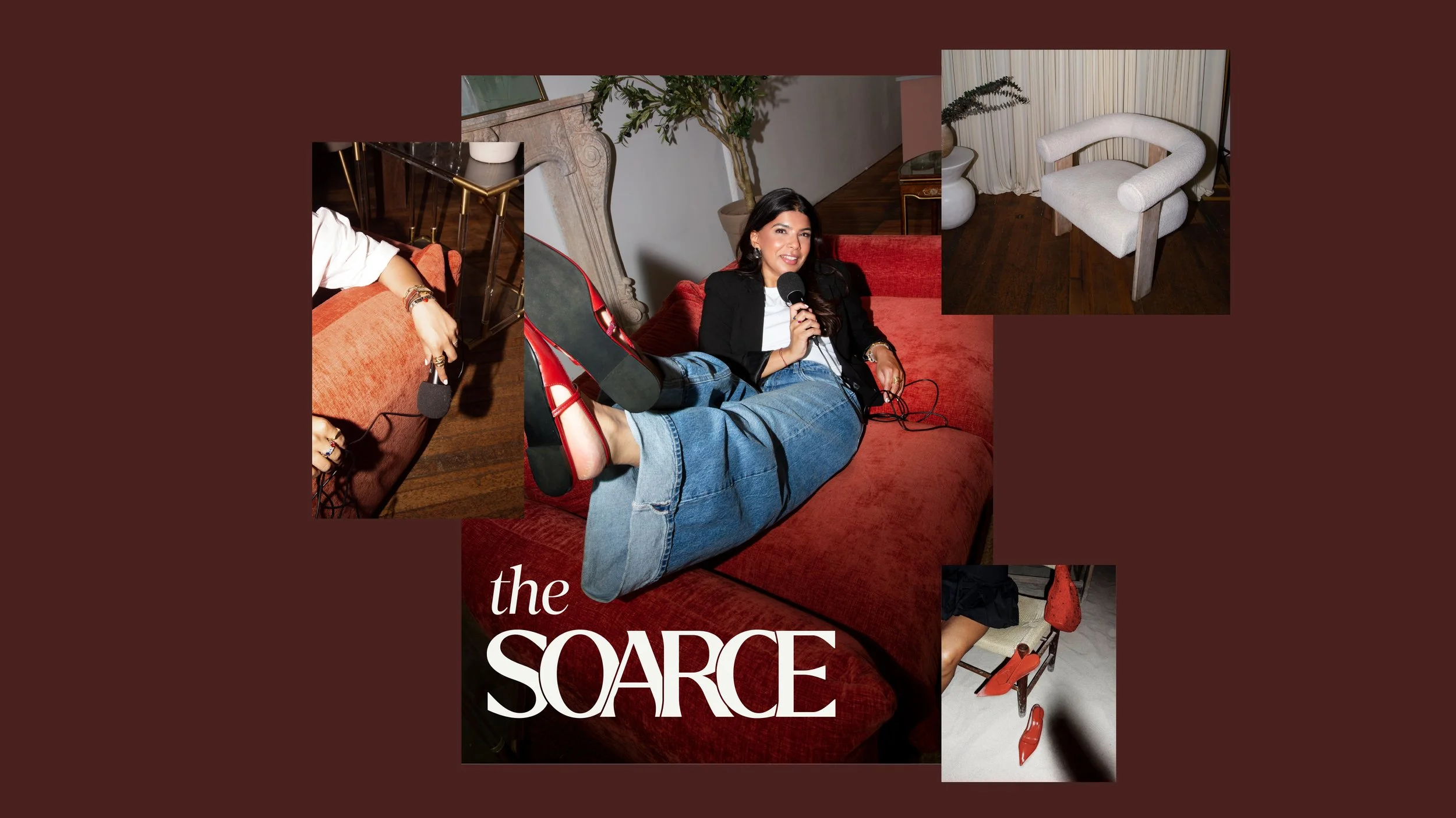 A woman lying on a red sofa with her legs up, holding a microphone. The image features multiple cluttered pieces of furniture and decor, with the text "the SOURCE" at the bottom.