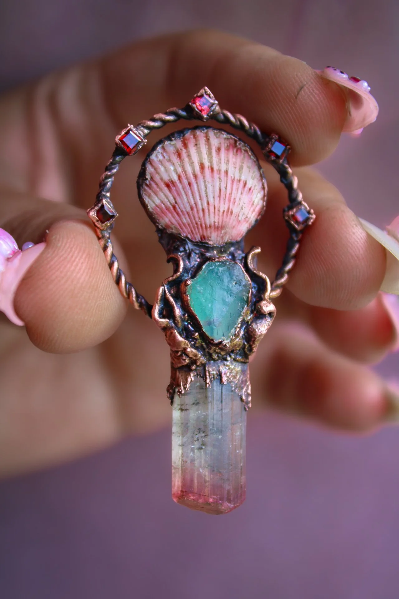 Lemurian Stargate copper necklace made with sea shell and natural gemstones