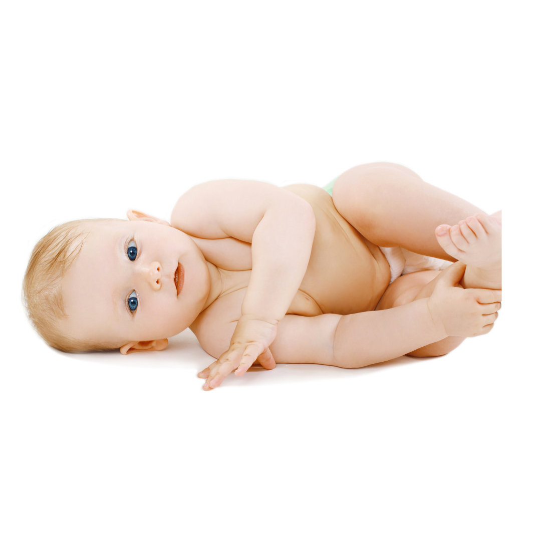 baby lying on side and touching feet