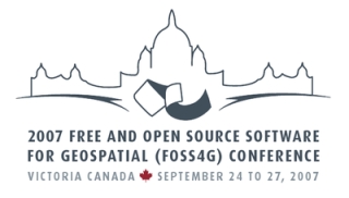Logo for the 2007 Free and Open Source Software for Geospatial (FOSS4G) Conference held in Victoria, Canada, September 24-27, 2007, featuring a stylized outline of a cityscape or landmark.