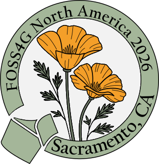 Two Orange California poppies circled by a sage green ribbon with the text FOSS4G North America 2026, Sacramento, CA
