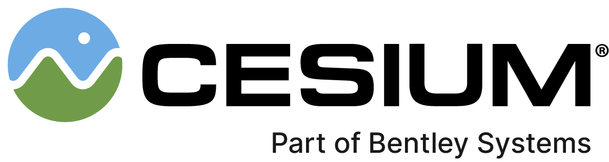 Logo: A circle with a white zig zag line of mountains that are green and a blue sky with a white dot as the moon or sun in the sky and the work cesium in lower case black letters and additional text of Part of Bentley Systems below cesium.