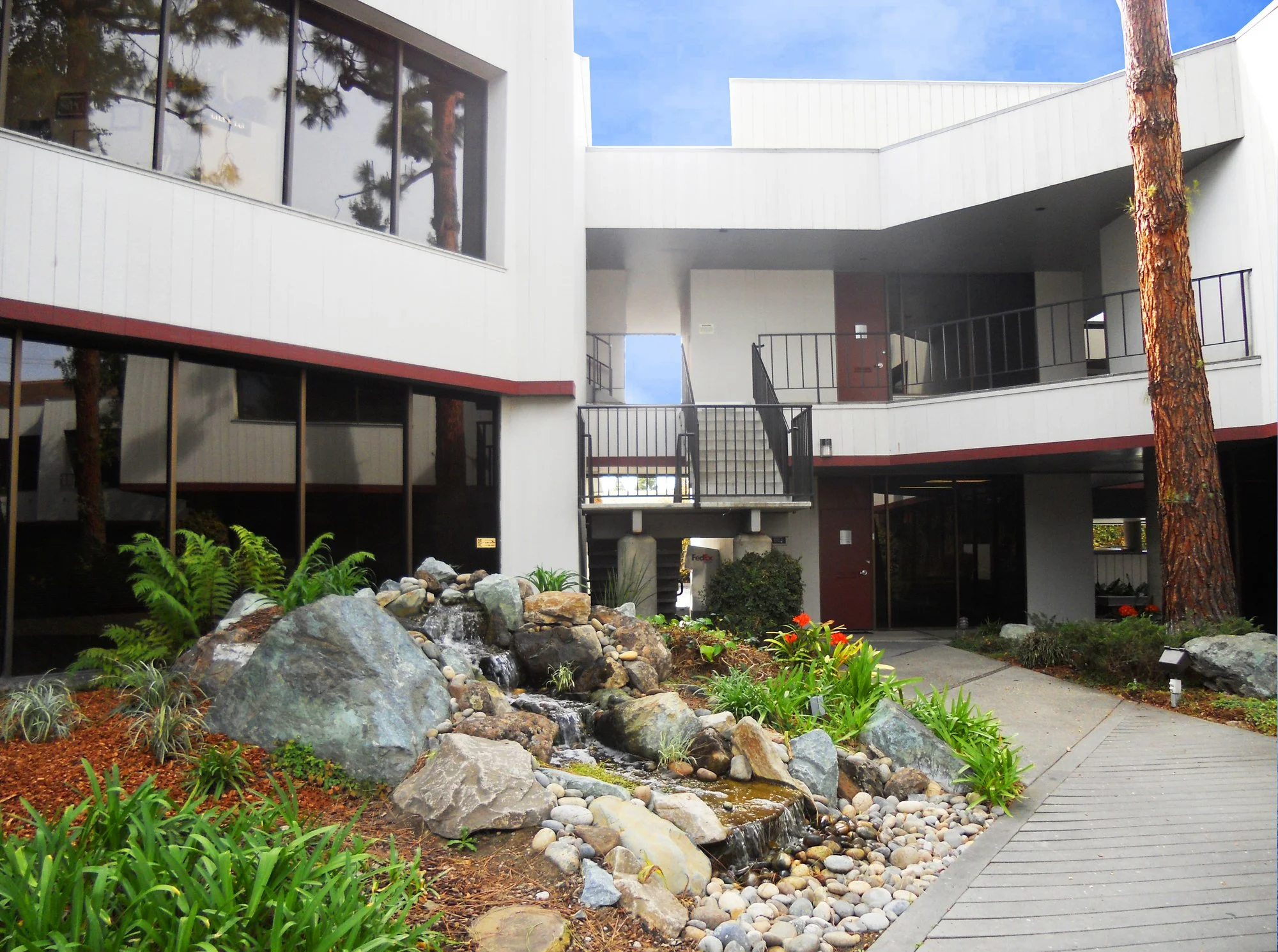 Modern white building with large glass windows, surrounded by landscaped garden with rocks, plants, and a small waterfall or stream, and a paved walkway.