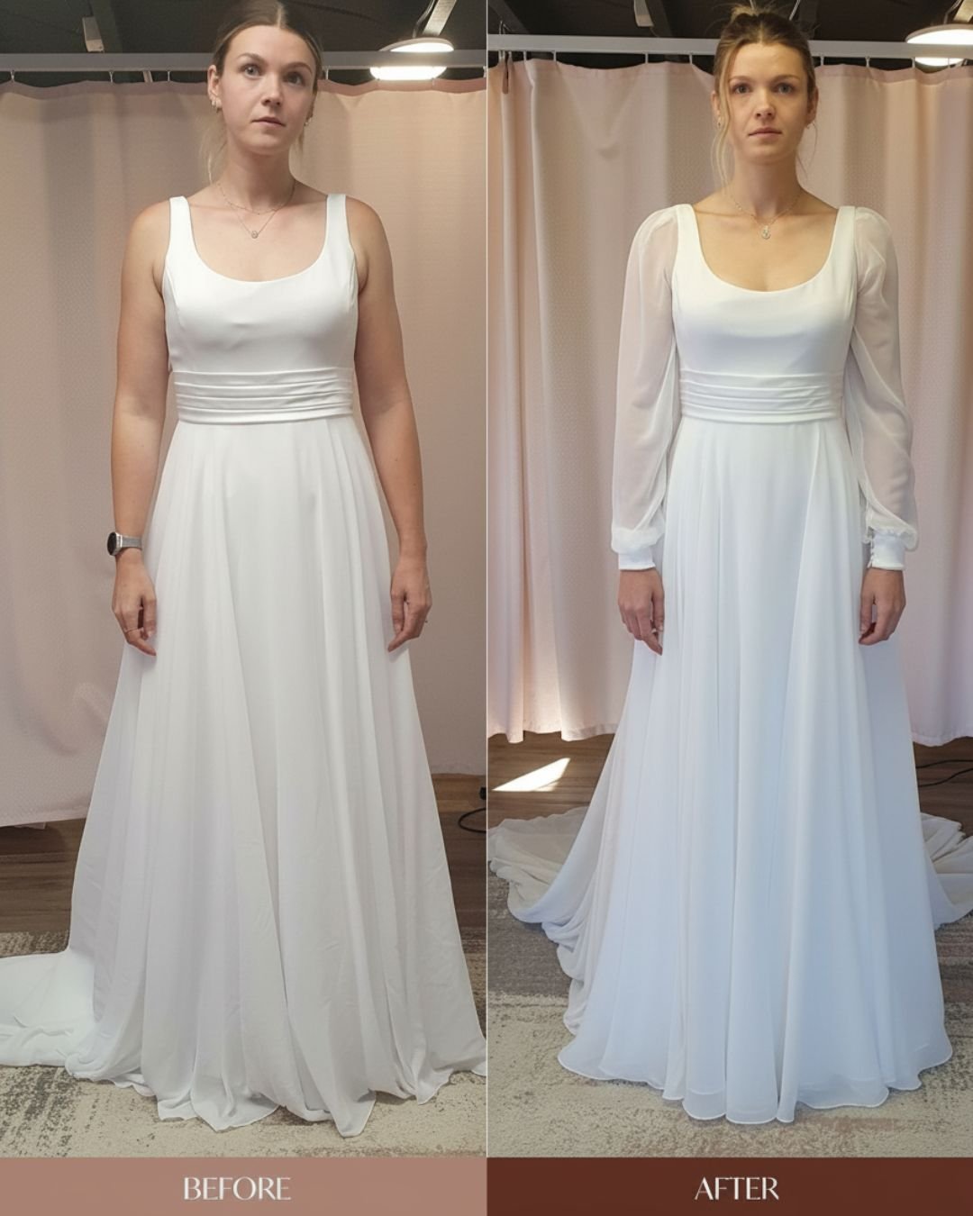 Side-by-side before and after image of a bride in a simple A-line wedding dress, altered by adding soft sheer long sleeves for a more refined and romantic finish.