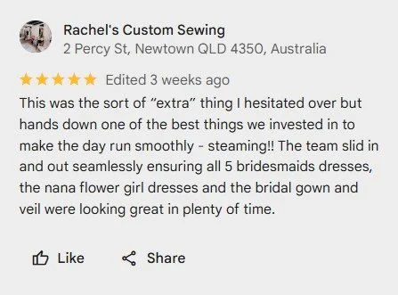 Customer review for Rachel's Custom Sewing from Newtown, Australia, praising their wedding dress and bridesmaid dresses.