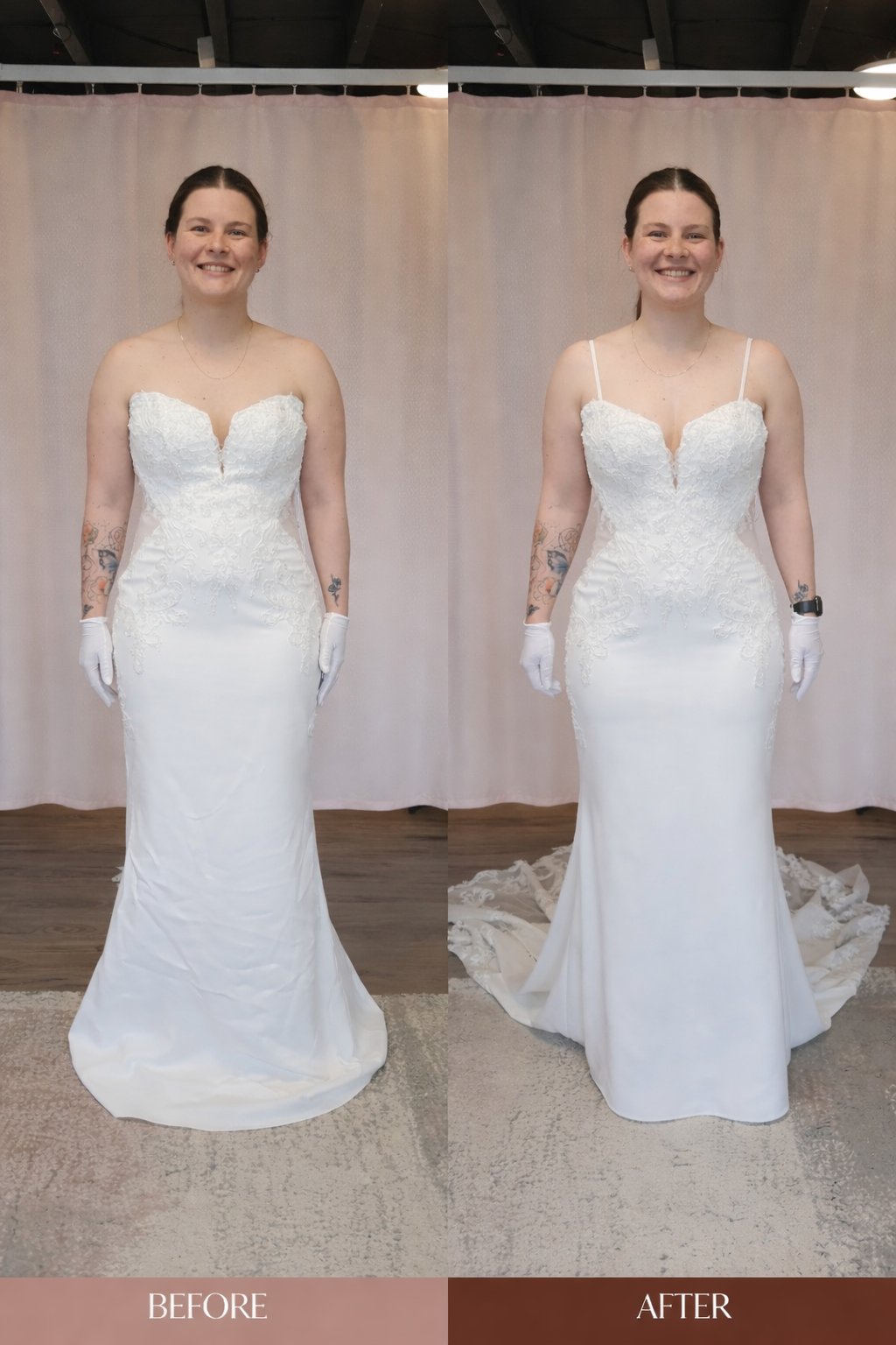 Real bride wedding gown alteration. Before and after photos.