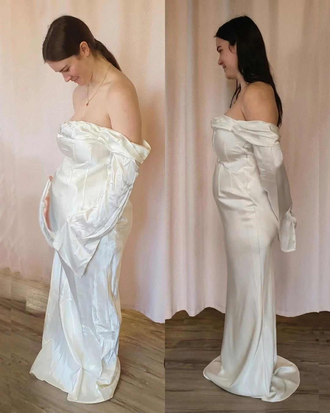 Pregnant bride fitting wedding dress in studio