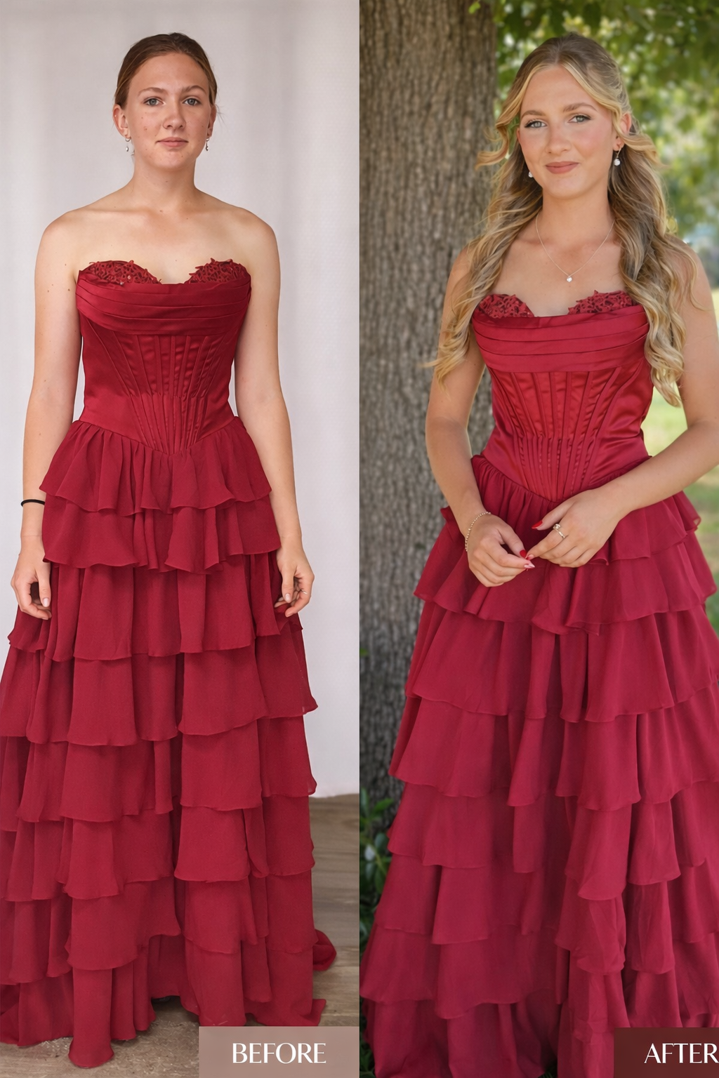 Formal dress with a structured bodice and waist support, tailored to improve fit and shape.