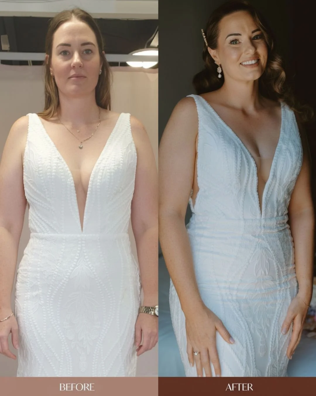 Side-by-side before and after of a fitted lace wedding gown altered with back darts for contouring, booty scoop adjustment for shape, built-in cups for support, five-point bustle for the train, and hem tailored to the bride’s height.