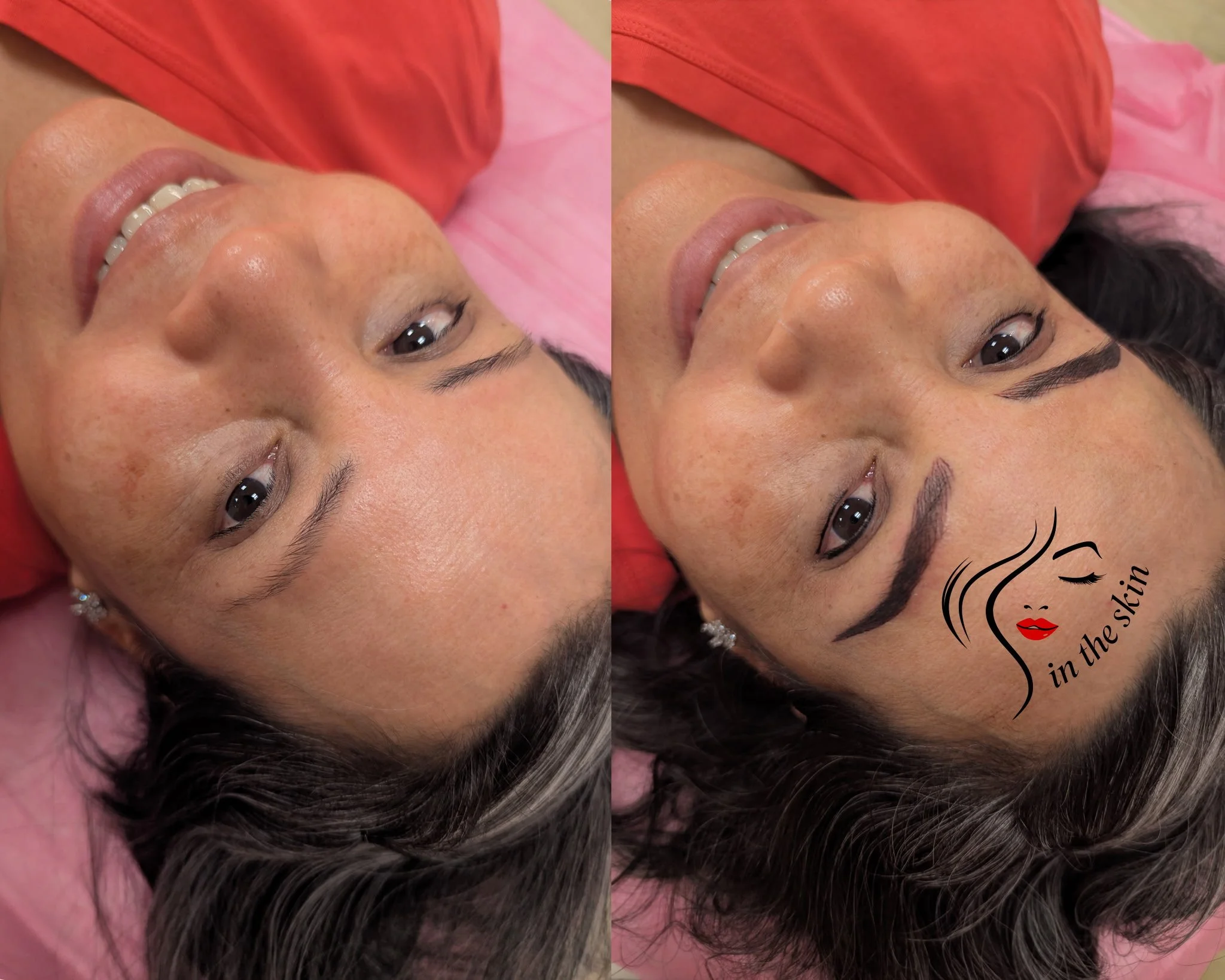 Before and after of happy client with new nano powder combo brow tattoo and her new classic eyeliner tattoo