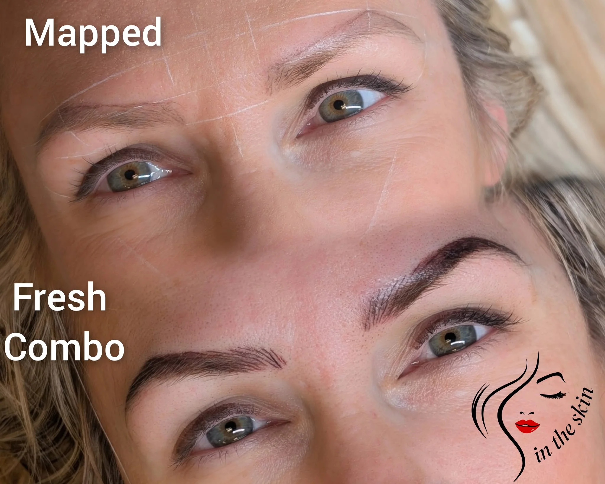 After pic shows beautifully shaped Nano Powder combo Brows. Before pic shows how perfectly mapped brows are the beginning to the gorgeous after results.