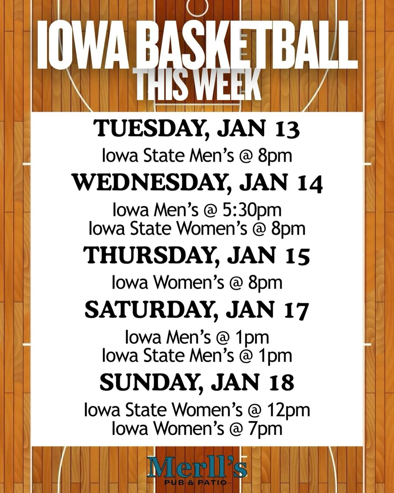Who&rsquo;s ready for a basketball filled week? We sure are!🏀
Catch it all at Merll&rsquo;s🤩

#merllspubpatio #waukeeiowa #sportsbar #collegebasketball #iowabasketball