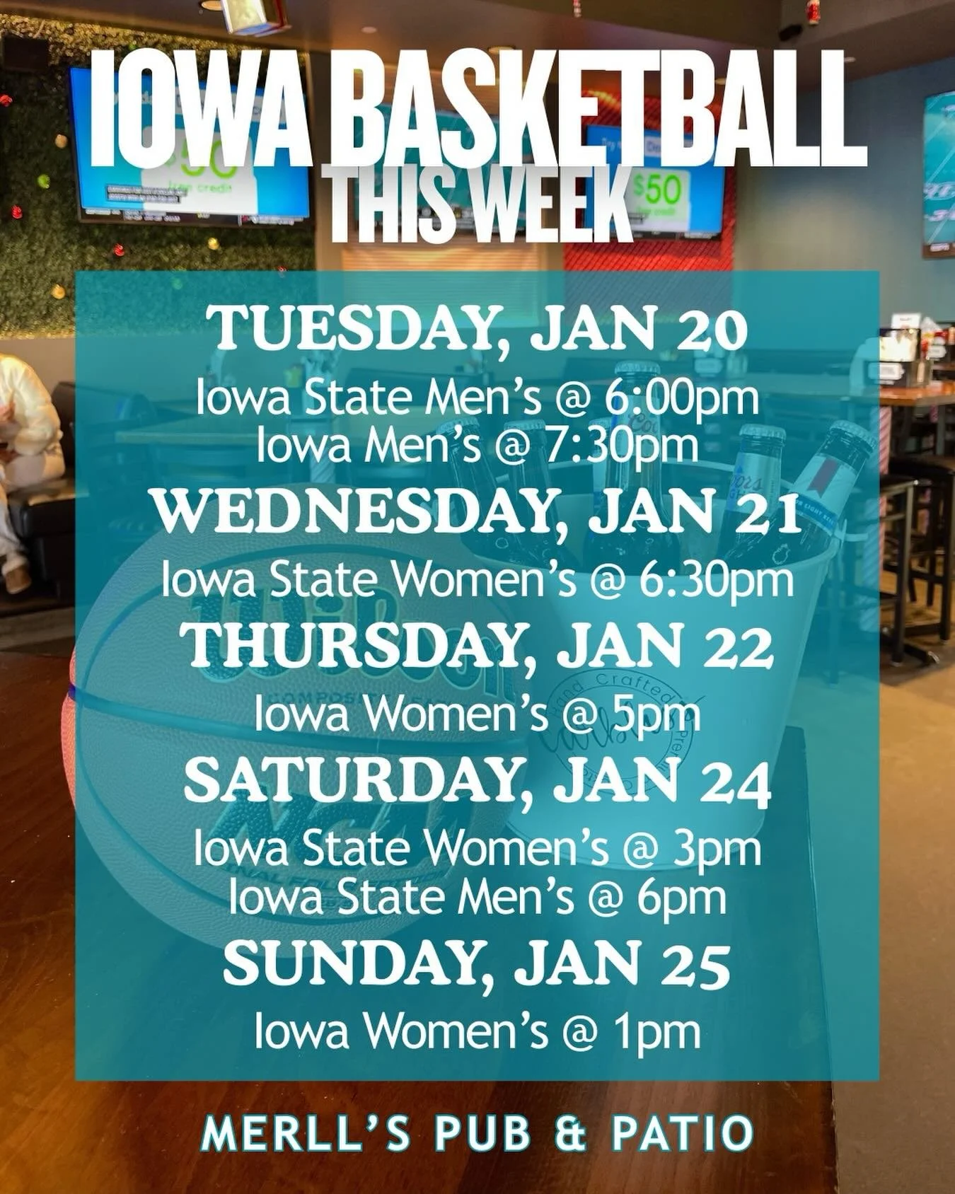 Are you ready for some Iowa basketball?🏀
Check out all of the games we&rsquo;ve got going on this week🤩

#merllspubpatio #waukeeiowa #sportsbar #iowabasketball #collegebasketball