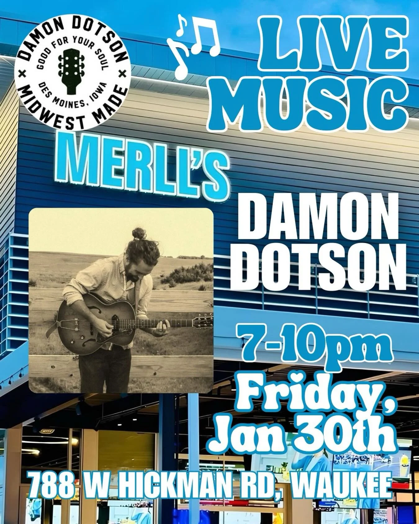 Been missing live music at Merll&rsquo;s? You&rsquo;re in luck!🤩🎶
We&rsquo;ve got the wonderful Damon Dotson joining us this Friday at 7pm, you don&rsquo;t want to miss it!

#merllspubpatio #waukeeiowa #livemusic #damondotson