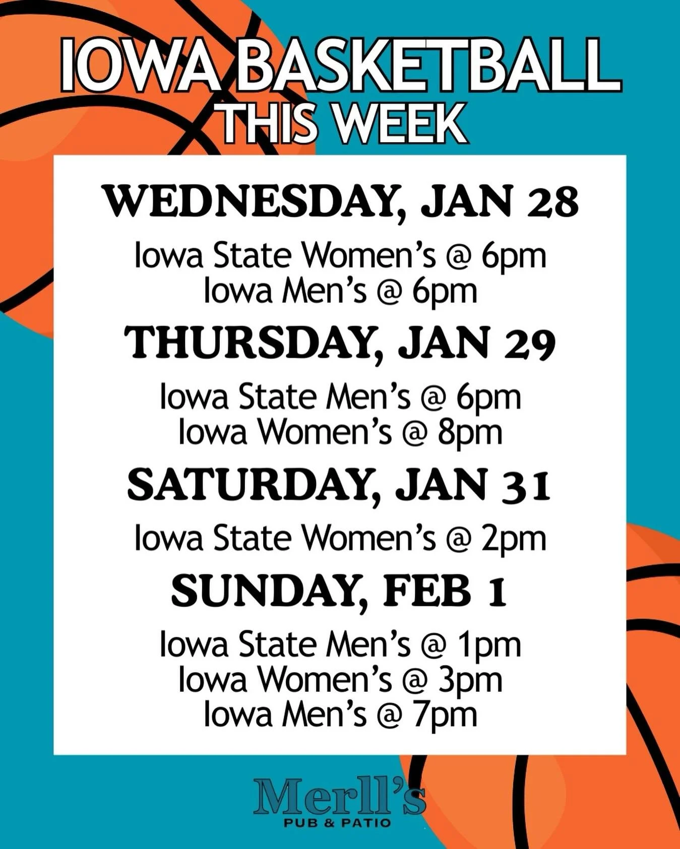 Don&rsquo;t worry, we&rsquo;ve got your plans for the rest of the week locked and loaded here at Merll&rsquo;s!🏀

#merllspubpatio #waukeeiowa #iowabasketball #sportsbar #collegebasketball