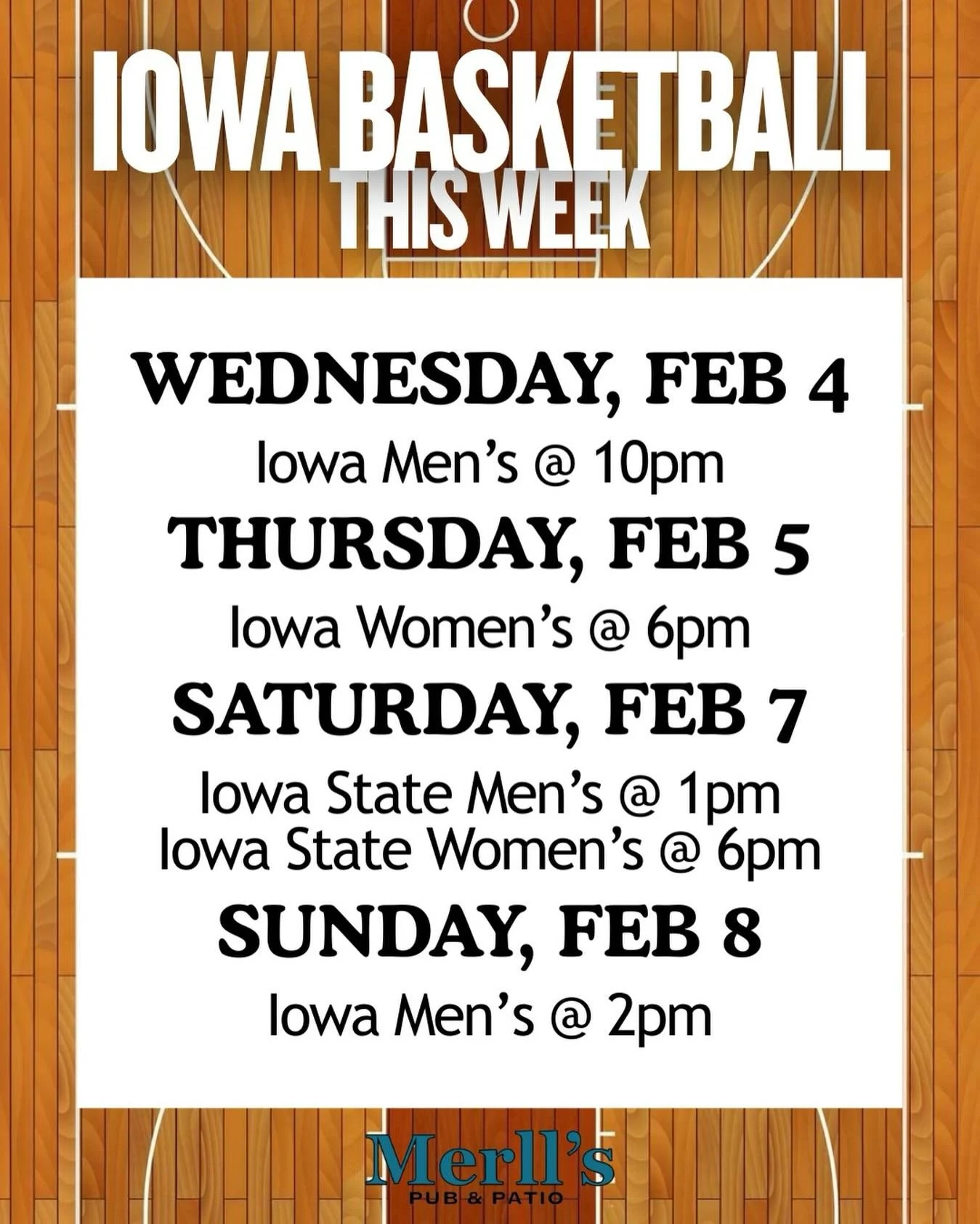 Here&rsquo;s your excuse to get out of the house and hang out at Merll&rsquo;s this week!🏀🥂

#merllspubpatio #waukeeiowa #sportsbar #iowabasketball #collegebasketball