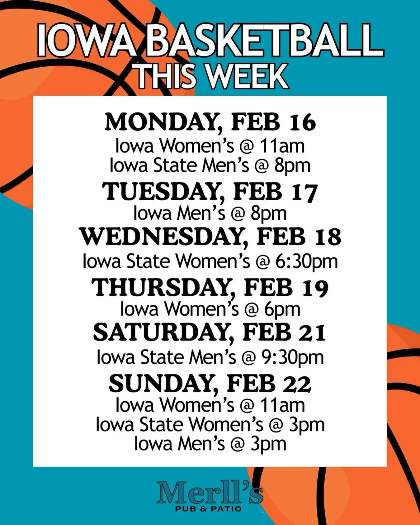 Your week starts NOW with Iowa basketball kicking off at 11am today! Plan your lunch and dinner dates now for this week at Merll&rsquo;s😉🏀

#merllspubpatio #waukeeiowa #hawkeyes #cyclones #iowabasketball