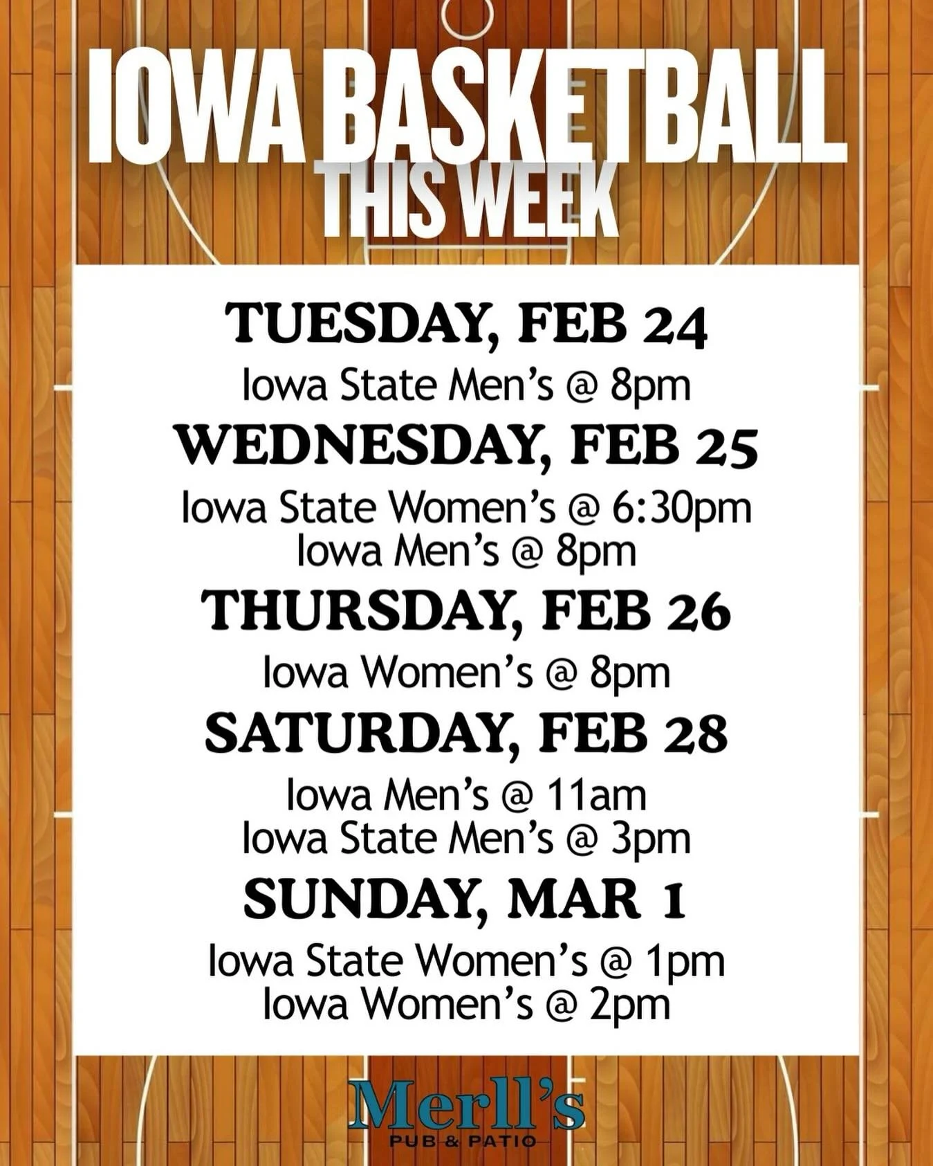 Here are your evening and weekend plans, locked and loaded at Merll&rsquo;s!🏀

#merlls #merllspubpatio #waukeeiowa #iowabasketball #sportsbar