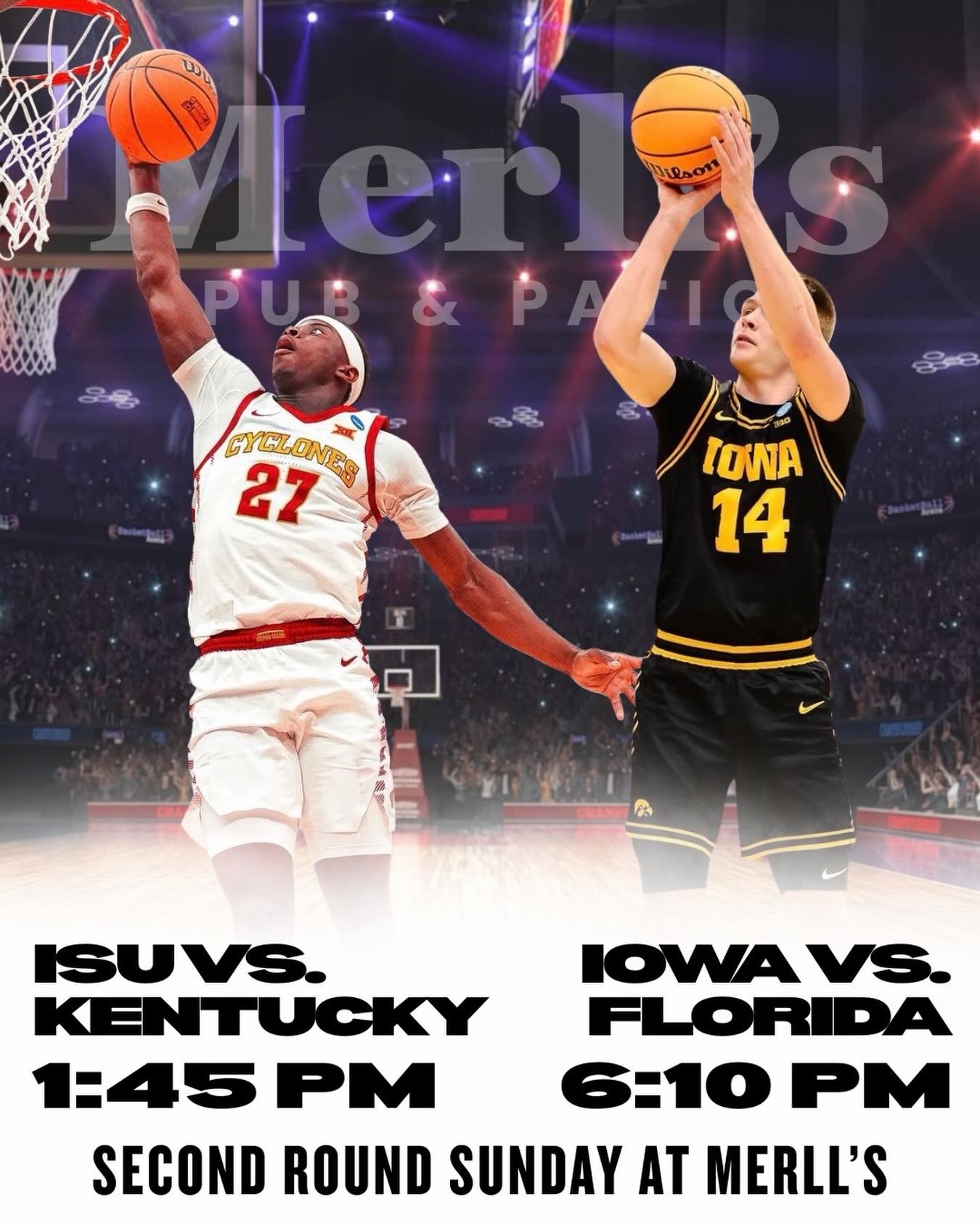 We&rsquo;re just gettin&rsquo; started baby!🤩🏀
Tomorrow, we&rsquo;ve got the men&rsquo;s second round continuing with our Cyclones at 1:45 followed by our Hawkeyes at 6:10🔥
Indulge in all of the madness at Merll&rsquo;s!

#merllspubpatio #marchmad