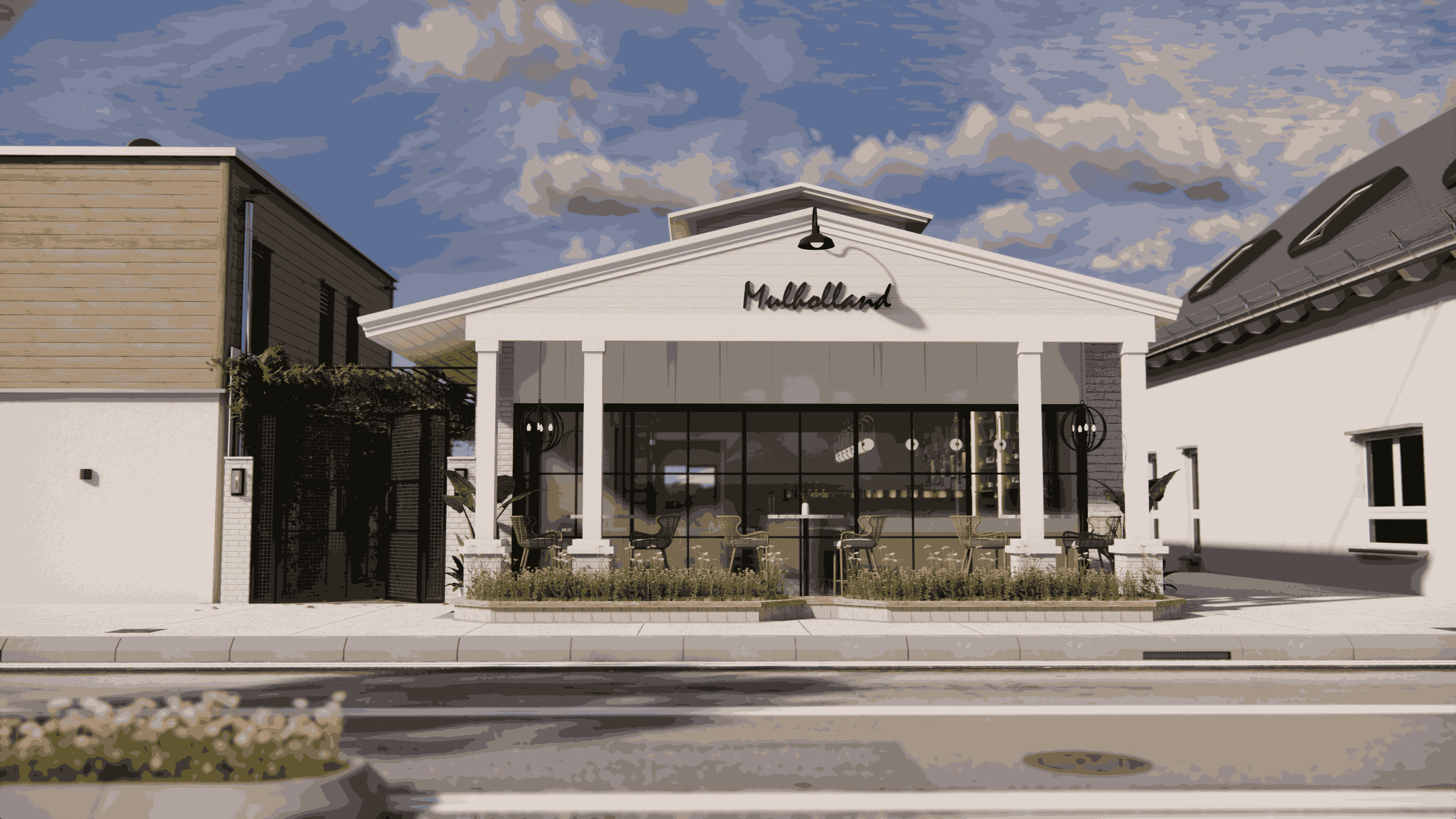 Exterior view of a modern cafe named Mulholland with a white facade, large windows, and outdoor seating on a sunny day.