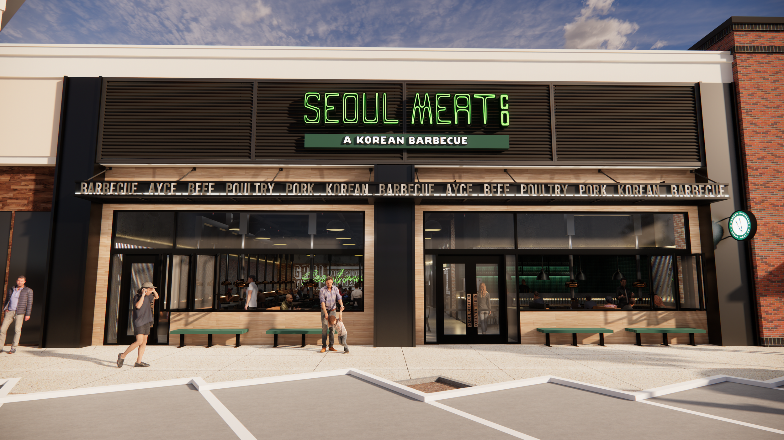 Exterior view of Seoul Meat, a Korean barbecue restaurant, with outdoor seating and pedestrians walking by.