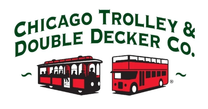 Logo of Chicago Trolley & Double Decker Co. featuring a red trolley and double-decker bus.
