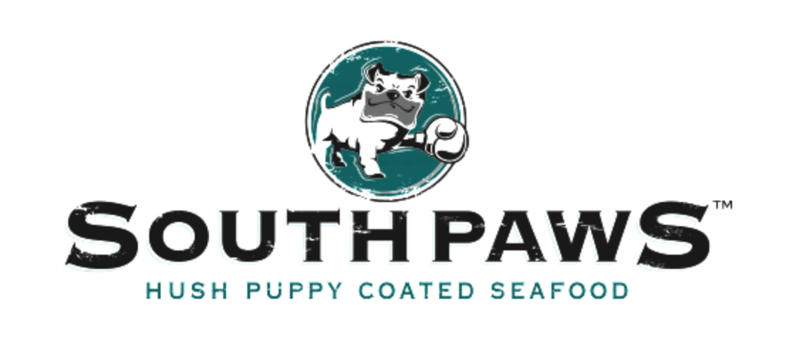 Logo for South Paws featuring a dog with a boxing glove and the text "Hush Puppy Coated Seafood."