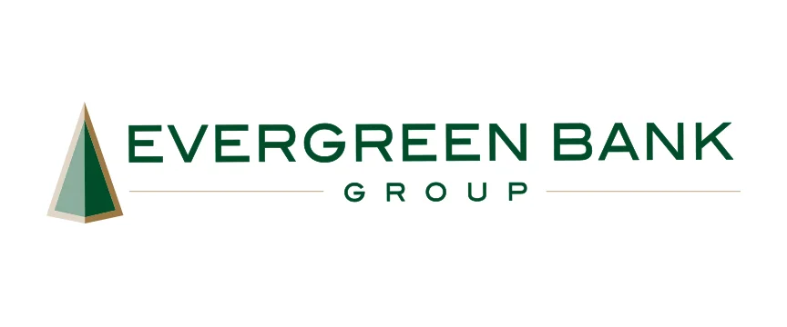 Logo of Evergreen Bank Group featuring a green triangular tree symbol on the left and the text "EVERGREEN BANK GROUP" in green lettering.
