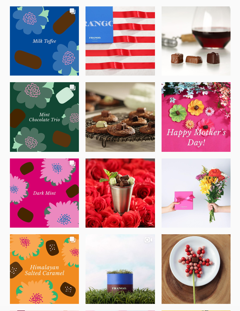 Collage of images featuring chocolates by Frango, floral designs, and gifts, including creative chocolate displays and decorative packaging.
