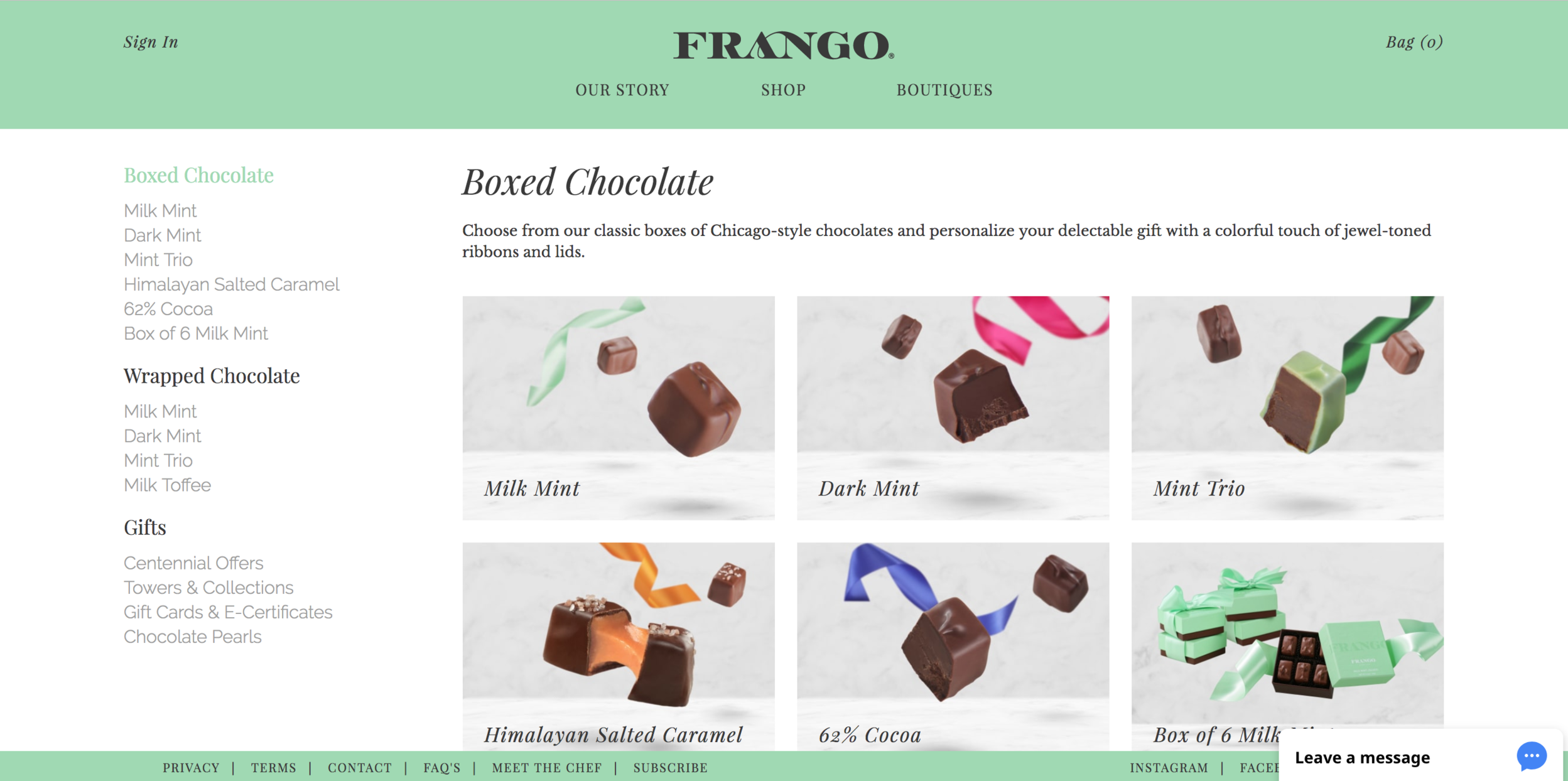 Frango chocolate webpage showcasing various boxed chocolates, including Milk Mint, Dark Mint, Mint Trio, Himalayan Salted Caramel, 62% Cocoa, and Box of 6 Milk Mint. Features chocolate images with colorful ribbons.