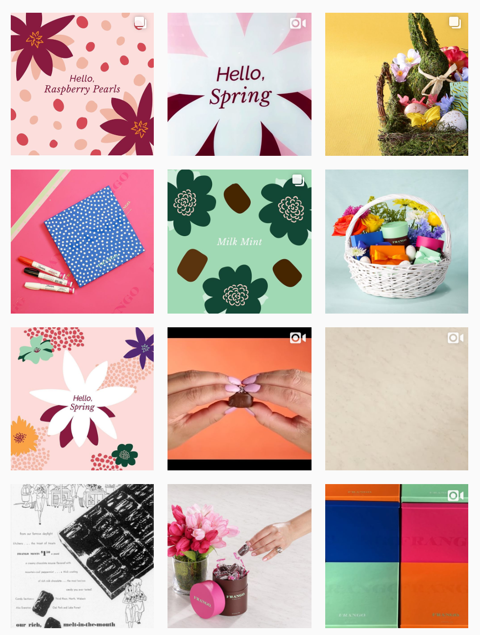 Grid of spring-themed images, including floral graphics, gift baskets, chocolates, colorful packaging, and videos labeled with 'Hello, Raspberry Pearls,' 'Hello, Spring,' 'Milk Mint,' and more, presented on various backgrounds.