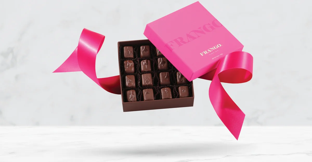Pink Frango chocolate box with ribbon and chocolates