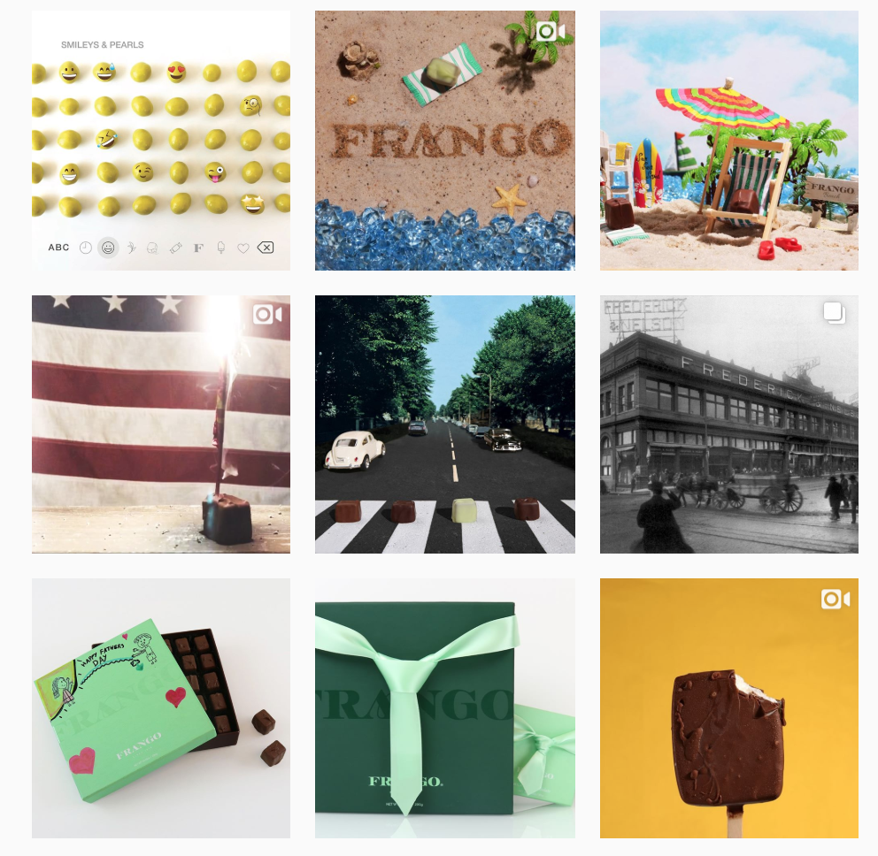 A collage of nine images featuring chocolates arranged in various creative settings, such as smiley faces, a beach scene, an American flag, an Abbey Road-inspired street crossing, historical black-and-white photos, and packaged chocolates.