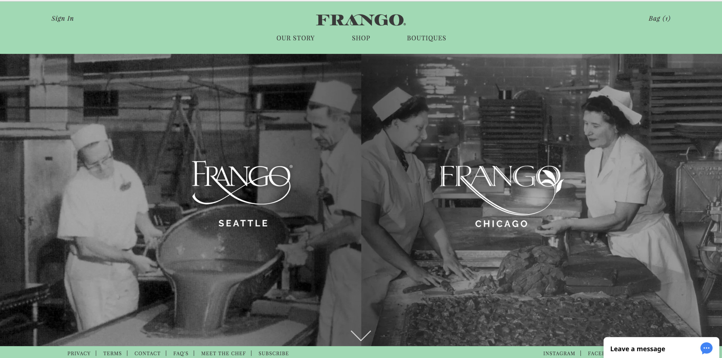 Black and white image of workers in a chocolate factory, with text "FRANGO SEATTLE" and "FRANGO CHICAGO" overlayed.