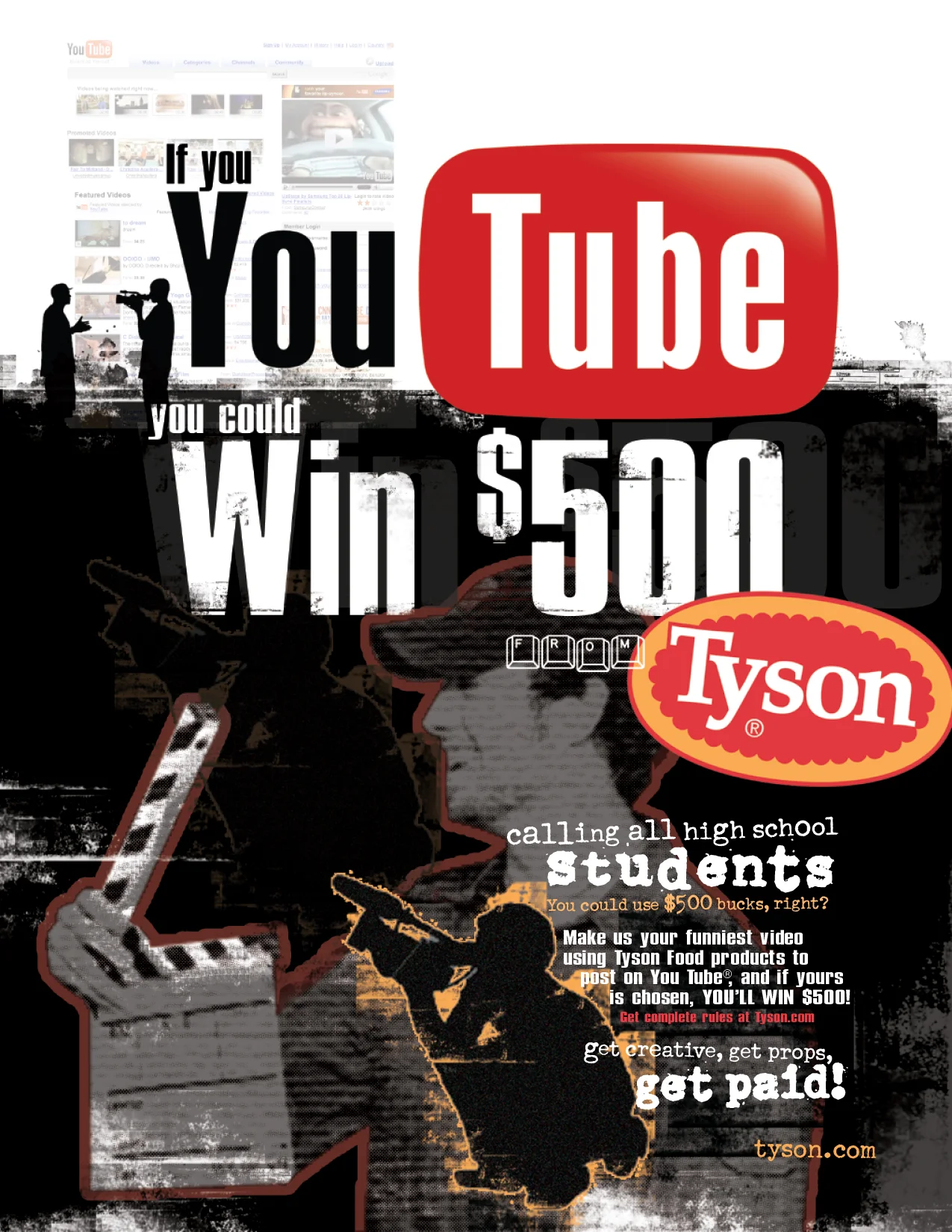 Promotional flyer for a YouTube video contest by Tyson Foods, offering a $500 prize for high school students to create funny videos using Tyson products.