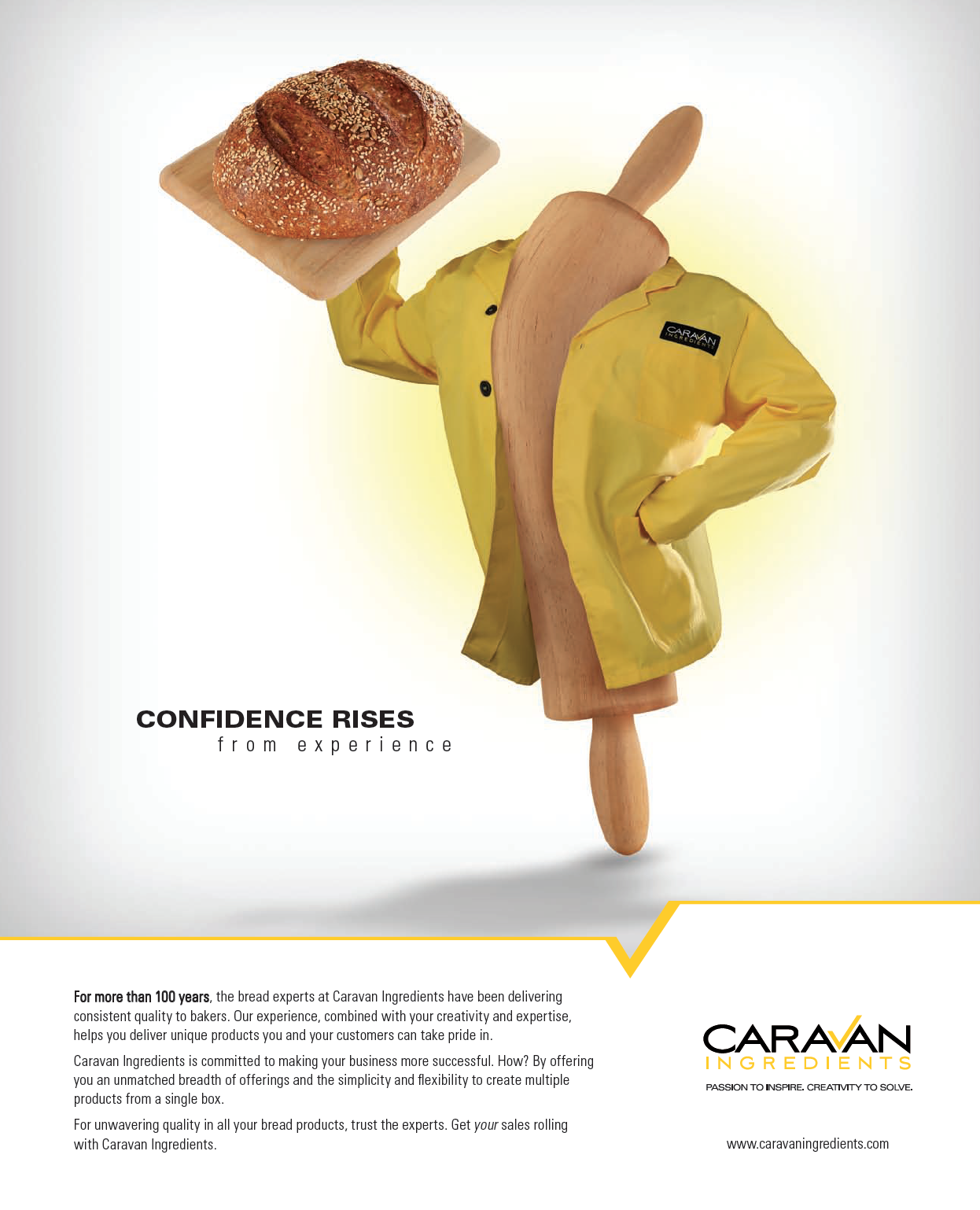 A promotional image featuring a wooden mannequin wearing a yellow jacket labeled "Caravan" and holding a loaf of bread on a wooden board. The text "Confidence rises from experience" is displayed, along with a paragraph about Caravan Ingredients' qual