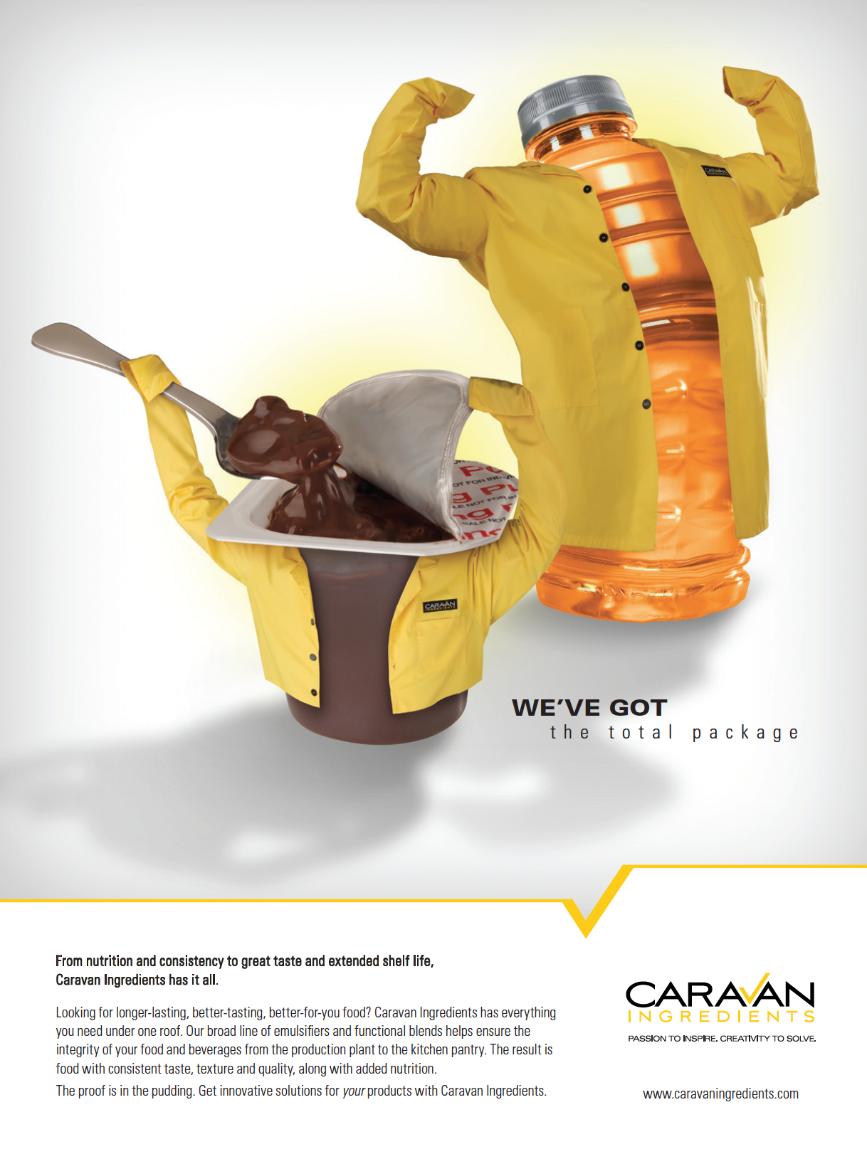 Creative advertisement featuring a yogurt container and honey bottle dressed in yellow jackets, with arms in a flexing pose, promoting Caravan Ingredients.