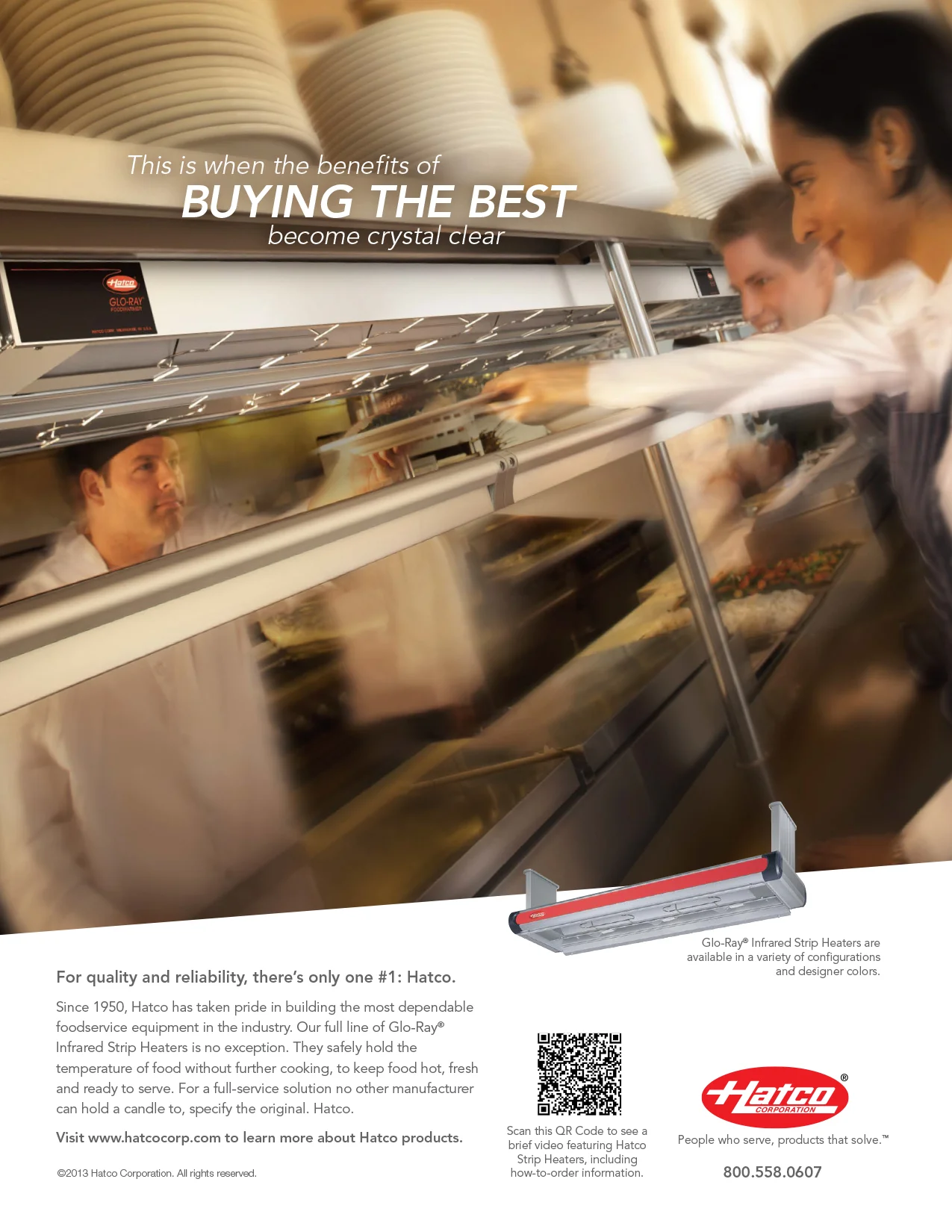 Commercial ad for Hatco Corporation showcasing Glo-Ray Infrared Strip Heaters in a kitchen setting, with chefs using the heating equipment. Includes Hatco logo, QR code, and contact information.
