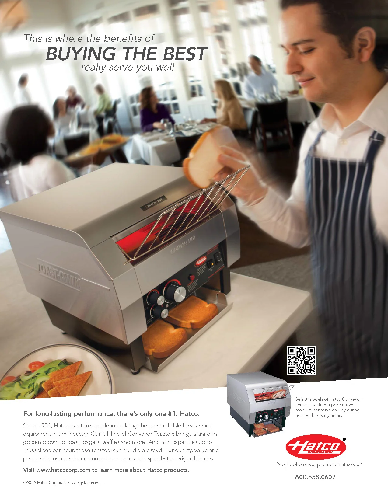 Restaurant employee using a Hatco conveyor toaster to toast bread slices, with customers dining in the background. The advertisement highlights the benefits of Hatco's foodservice equipment.