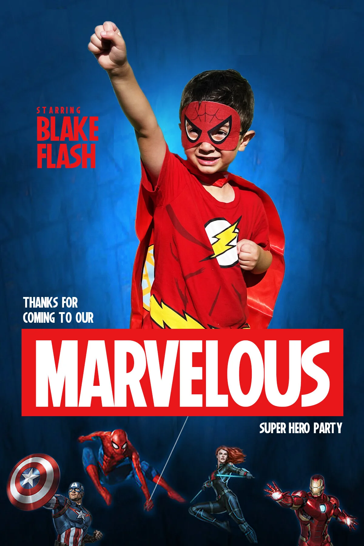 Child in superhero costume with red mask and cape, standing in front of blue background with text "Starring Blake Flash" and "Marvelous Superhero Party". Features images of Captain America, Spider-Man, Black Widow, and Iron Man.