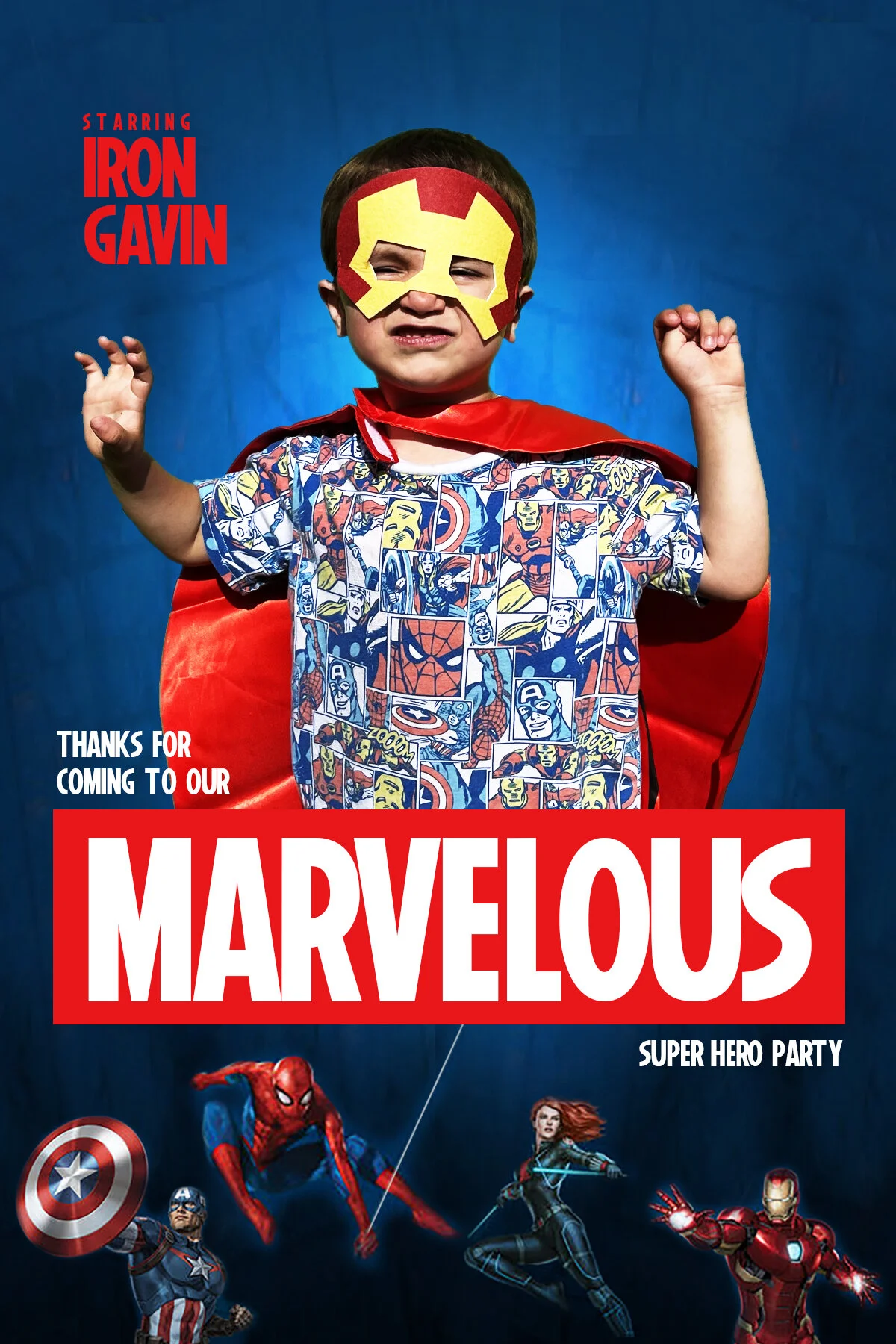 A child dressed in a superhero costume with a mask and cape, featuring comic characters on their shirt. The text reads "Starring Iron Gavin" and "Thanks for coming to our Marvelous Superhero Party." Includes images of Captain America, Spider-Man, Bla