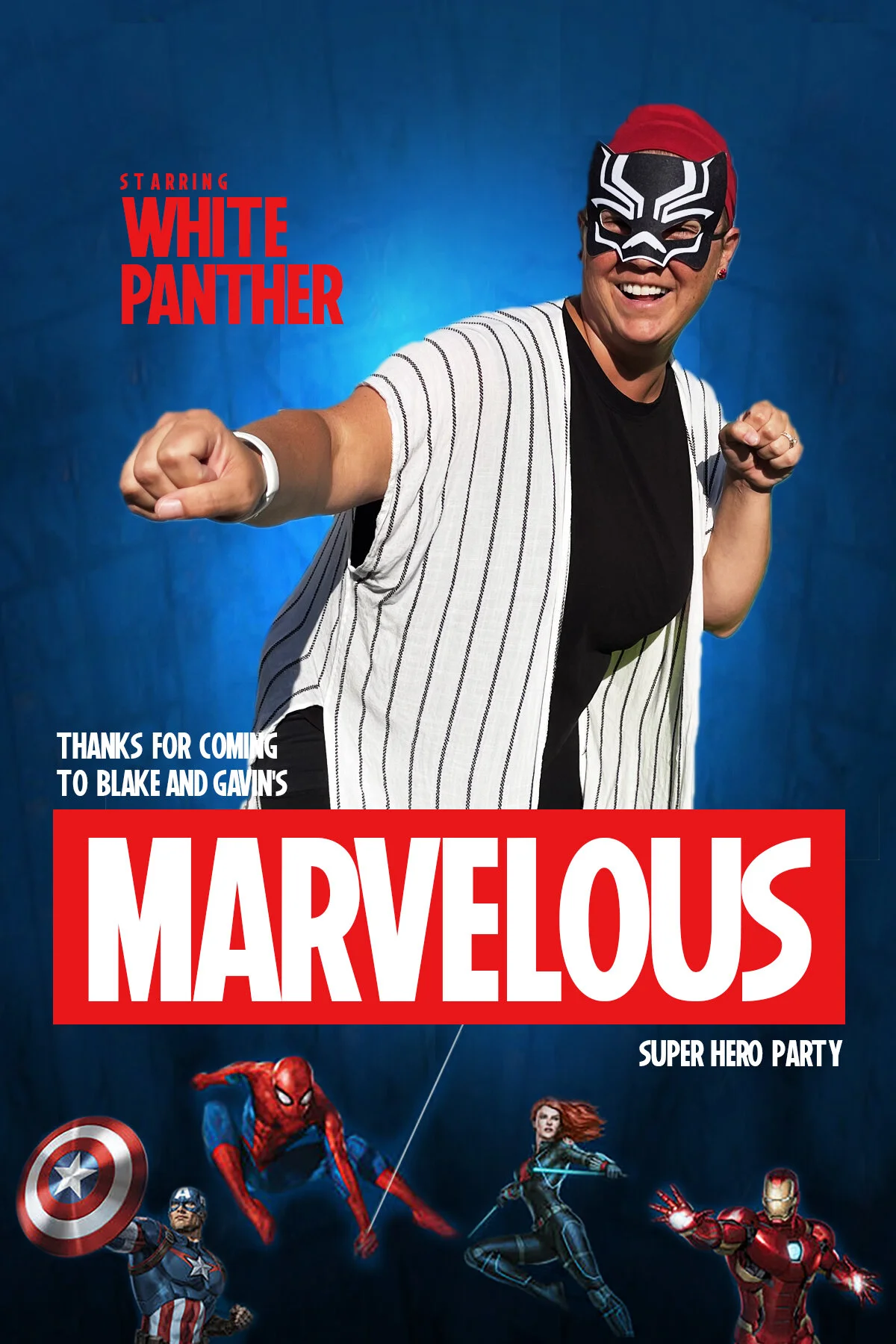 Person in a superhero mask posing for a superhero-themed party invitation titled 'Marvelous,' featuring characters like Spider-Man, Captain America, Black Widow, and Iron Man at the bottom.