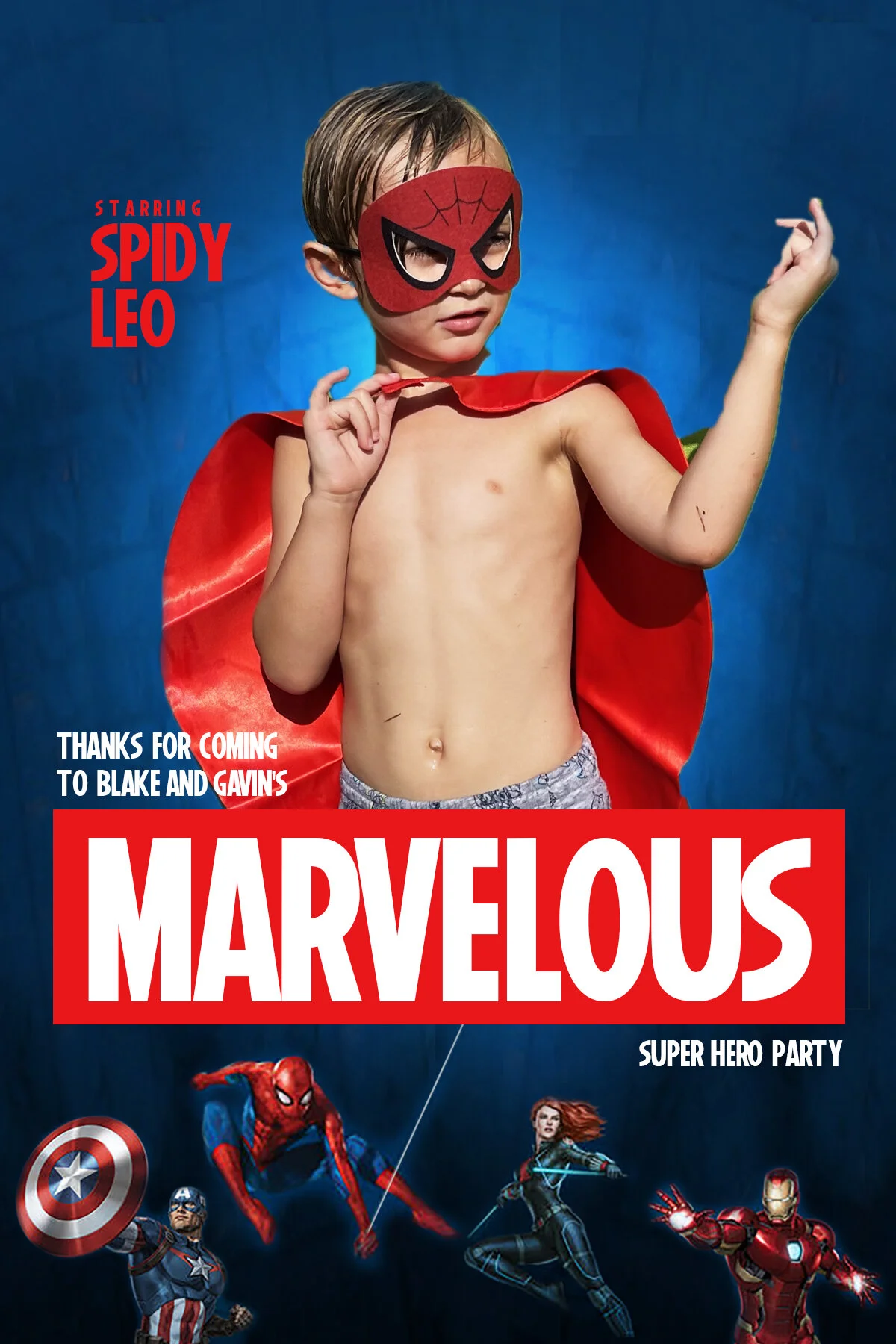A child wearing a red superhero cape and mask with "Spidy Leo" written above, promoting Blake and Gavin's superhero party titled "Marvelous." Featured Marvel superheroes at the bottom include Captain America, Spider-Man, Black Widow, and Iron Man.