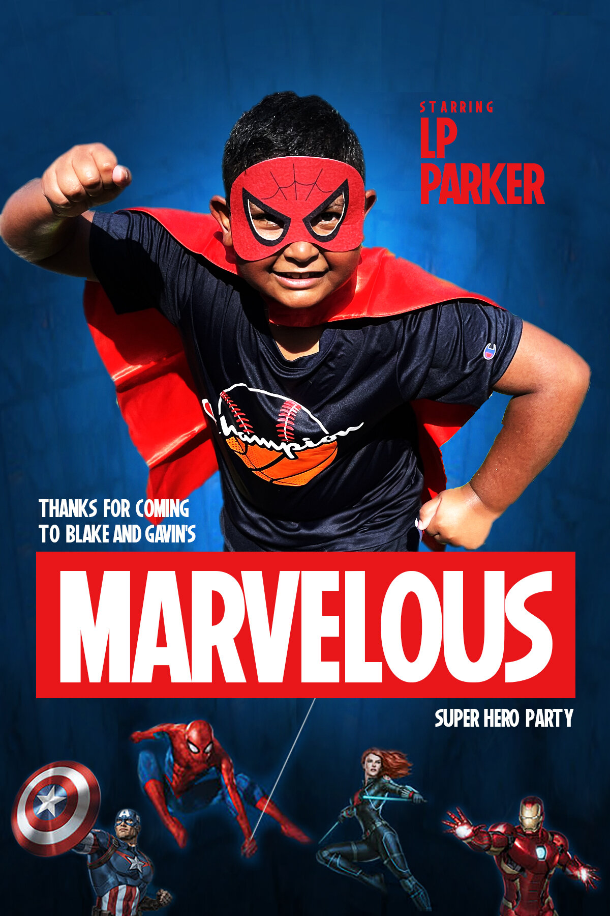 Child in red mask and cape posing as superhero, promotional text for 'Marvelous Super Hero Party' with Spider-Man, Captain America, Black Widow, and Iron Man.