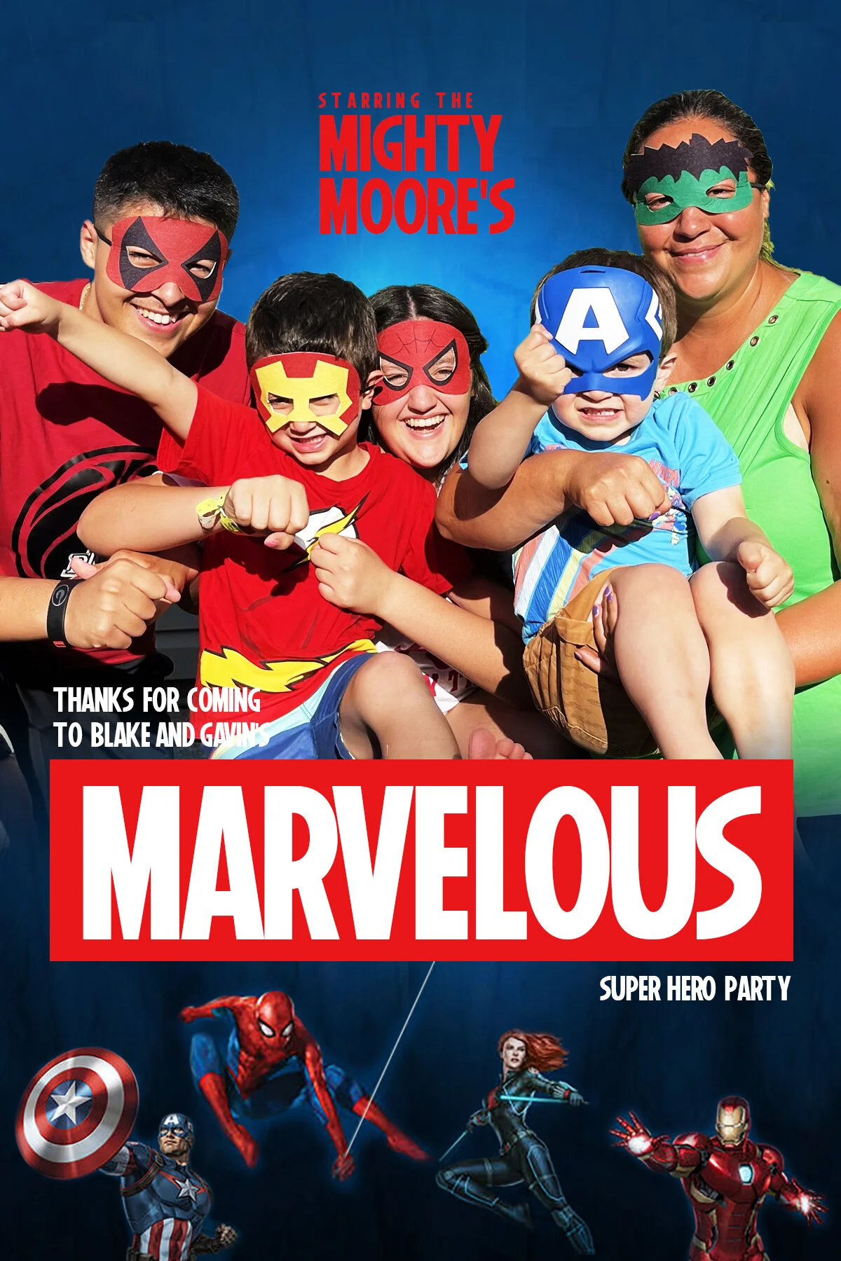 Group of people posing in superhero masks for a themed party, with text "Starring The Mighty Moore's" and "Marvelous Super Hero Party." Features Marvel characters like Captain America and Spider-Man at the bottom.