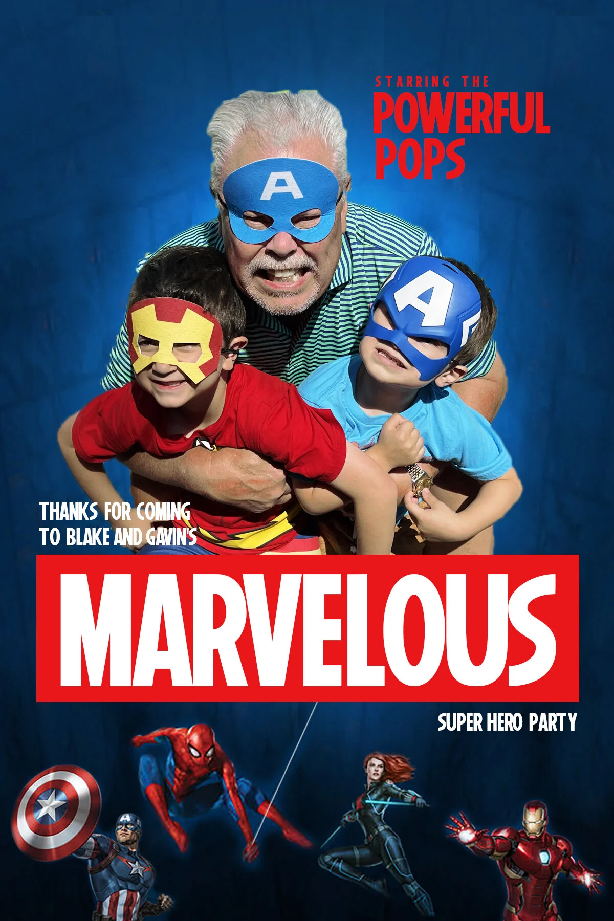Three people wearing superhero masks, with "Powerful Pops" text, attending Blake and Gavin's Marvel-themed superhero party, featuring Marvel characters and logos.