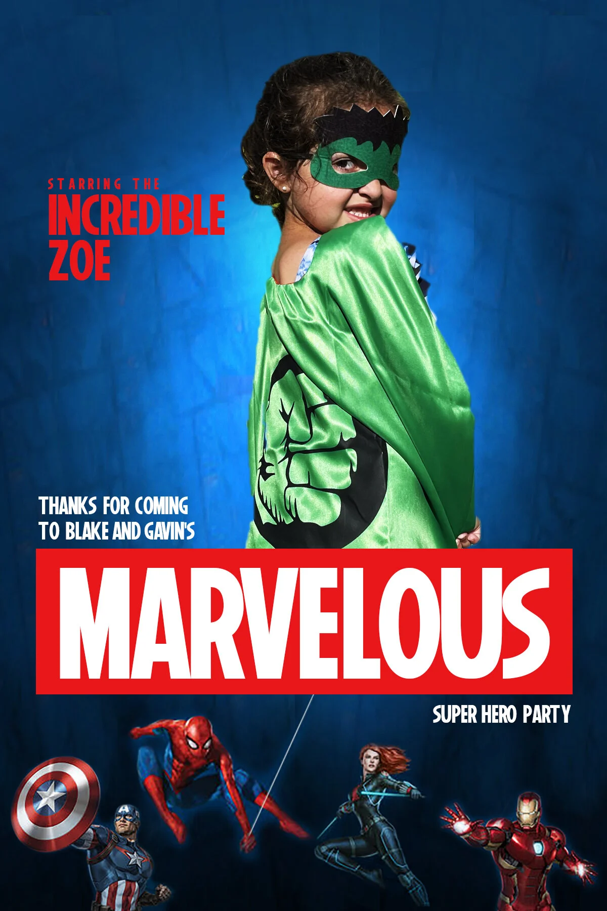 A child dressed in a green superhero costume with a mask and cape, posing against a blue background. Text reads "Starring the Incredible Zoe," "Thanks for coming to Blake and Gavin's Marvelous Super Hero Party." Images of Captain America, Spider-Man,