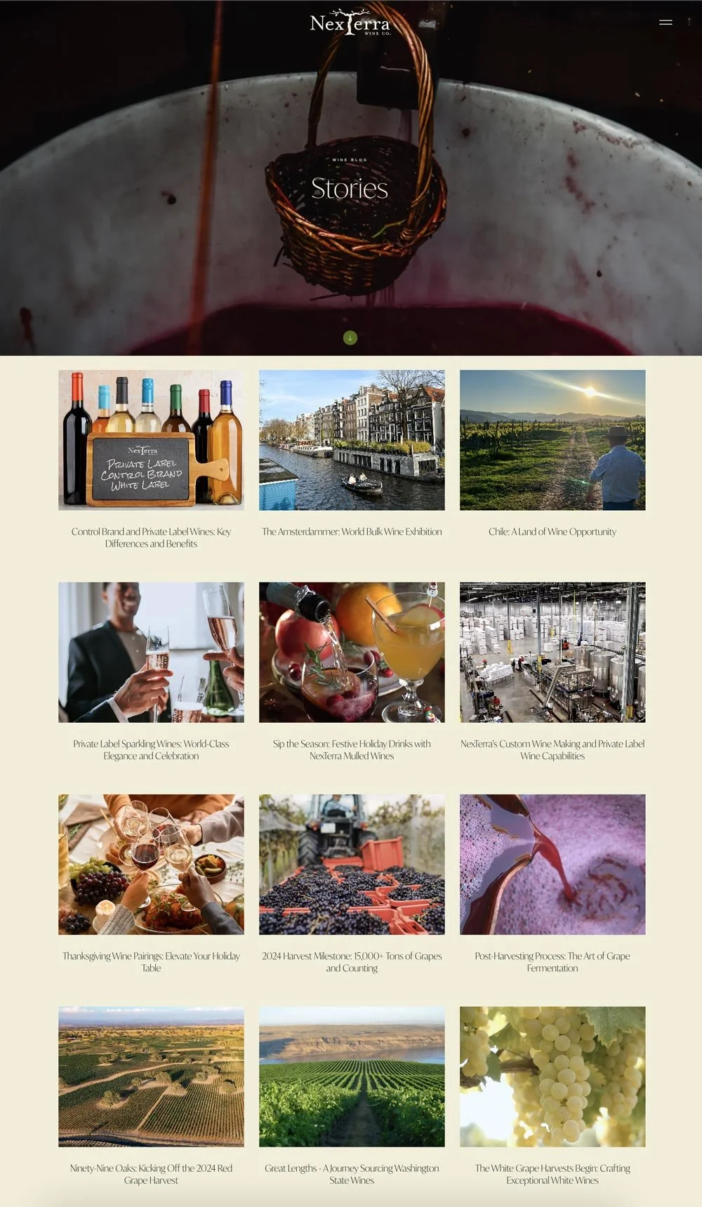 Screenshot of NexTerra Wine Co. website homepage featuring a top banner with a wine glass with red wine and the text 'Stories'. Below are images and titles of articles. Website design and marketing by Path Creative.