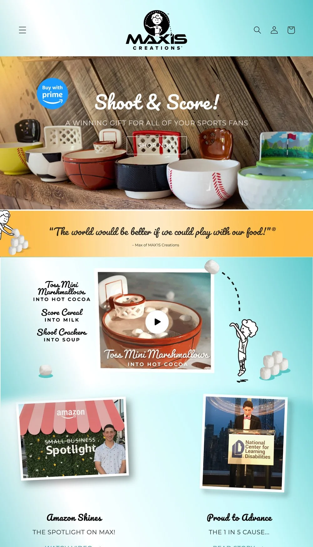 Website homepage for Maxis Creations showcasing sports-themed bowls, a quote about playing with food, a tutorial on making marshmallows, and small business features. Website design and Amazon store by Path Creative.