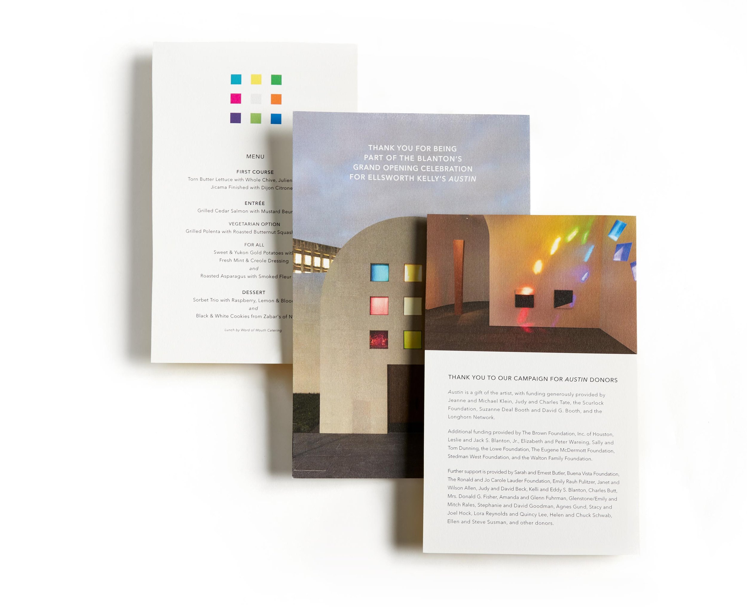 French Fox Design: Blanton Museum of Art 2019 Ellsworth Kelly's Austin Unveiling, Printed Menu & Thank You Card Front  + Back